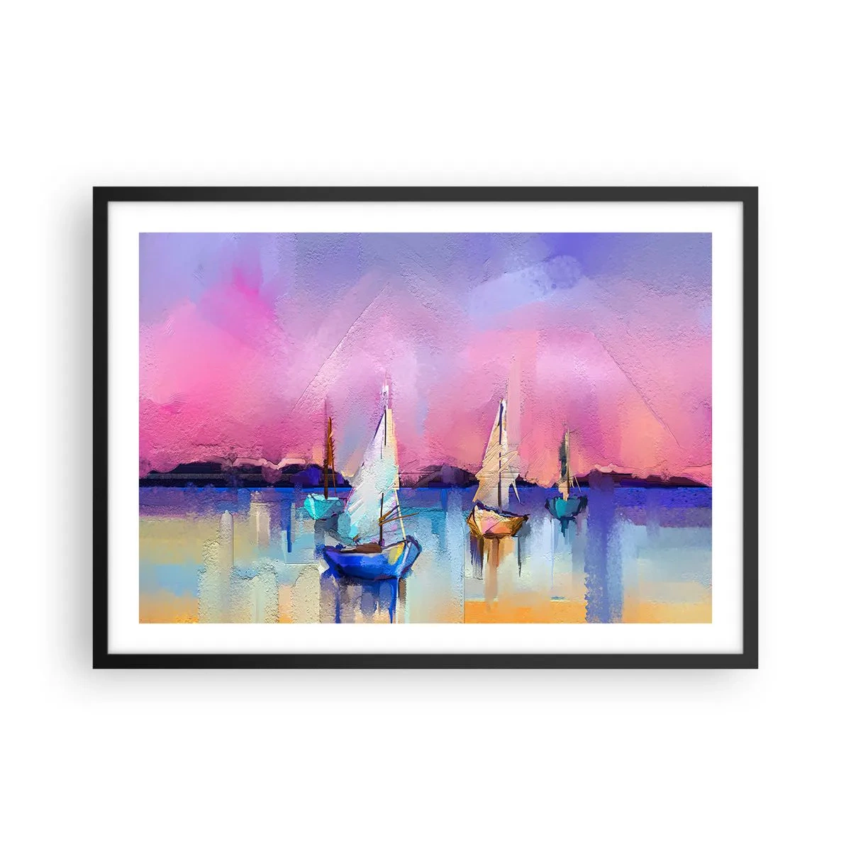 Plakat w czarnej ramie - Żaglówki na spokojnym morzu w pastelowych kolorach zachodu - 70x50cm - Kierunek: szerokie wody - Nowoczesna dekoracja ścienna do salonu i sypialni ARTTOR