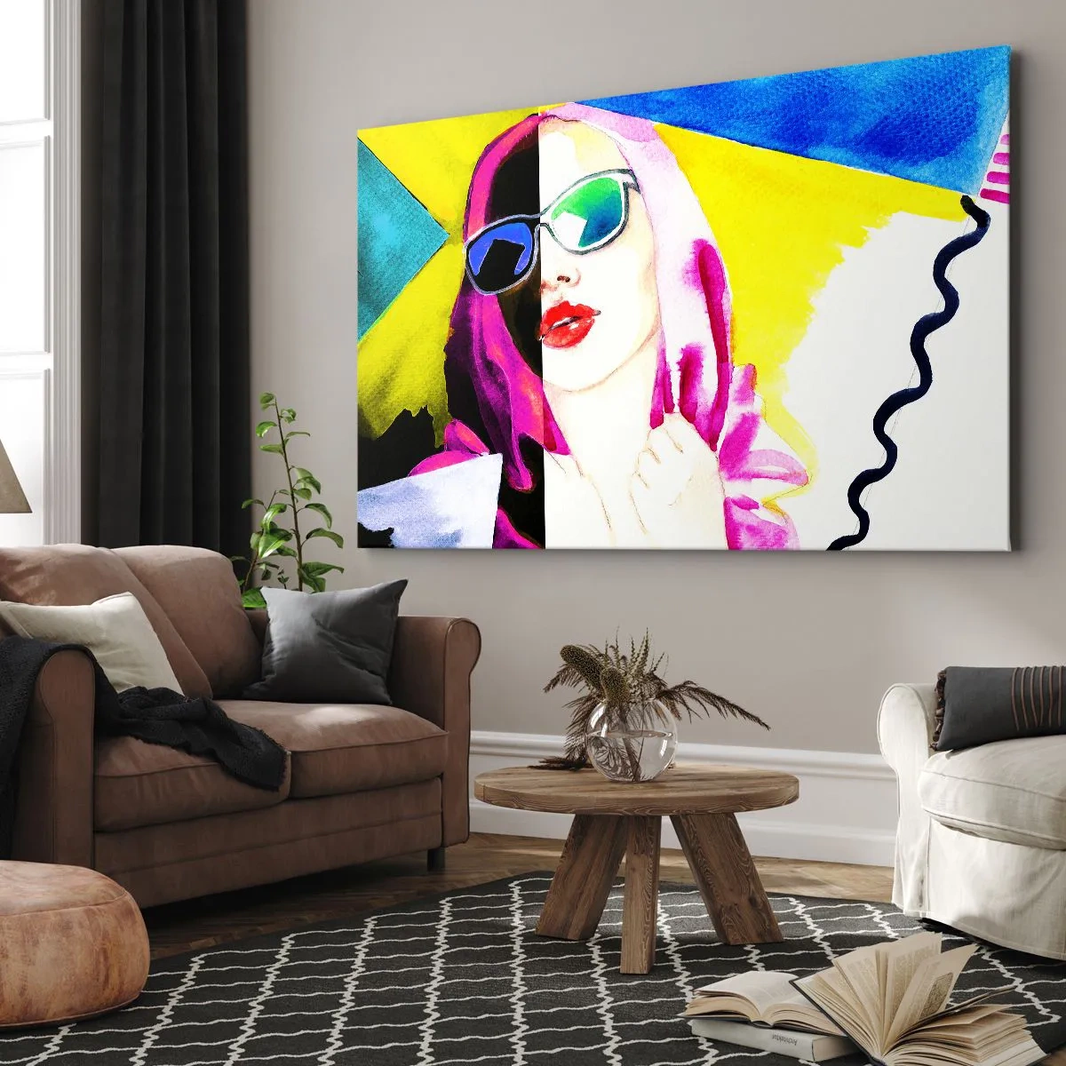 Obraz na płótnie - Kolorowy portret kobiety w okularach przeciwsłonecznych - 120x80cm - Nie jestem biała i nie jestem czarna - Nowoczesna dekoracja ścienna do salonu, kuchni i sypialni ARTTOR