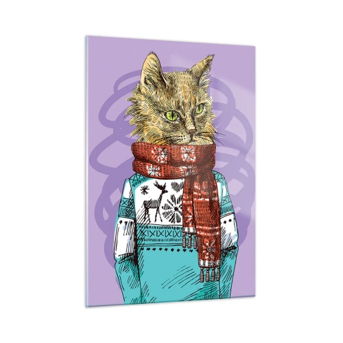 Obraz na szkle - Kot w swetrze i szaliku na fioletowym tle - 50x70cm - Kot nie tylko w butach - Nowoczesna dekoracja ścienna do salonu, kuchni i sypialni ARTTOR