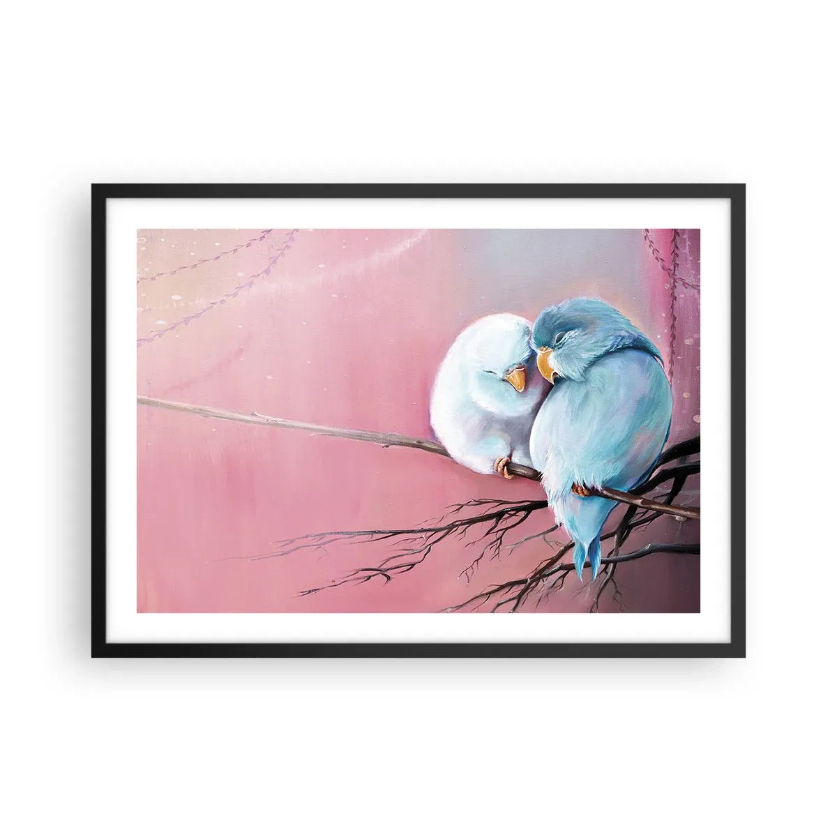 Plakat w czarnej ramie - Dwa zakochane ptaki na gałęzi na różowym tle - 70x50cm - Cóż tu dodać?… - Nowoczesna dekoracja ścienna do salonu i sypialni ARTTOR