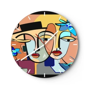 Zegar ścienny - Kolorowe twarze w stylu kubistycznym z elementami florystycznymi - 30x30cm - Picassowskie randez vous - Nowoczesna dekoracja ścienna do salonu, kuchni i sypialni ARTTOR