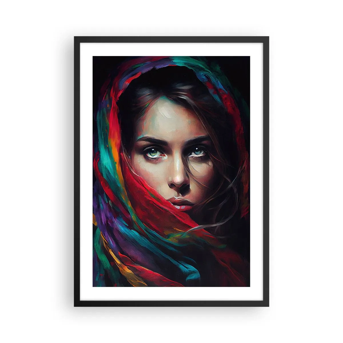 Plakat w czarnej ramie - Portret kobiety w kolorowej chuście - 50x70cm - Zielonooka tajemnica - Nowoczesna dekoracja ścienna do salonu i sypialni ARTTOR