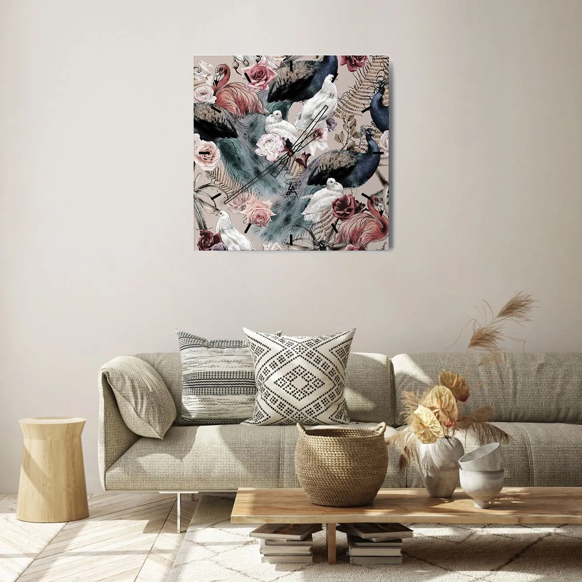 Zegar ścienny - Pejzaż z pawimi piórami, różami i ptakami w romantycznym stylu - 30x30cm - W pałacowym ogrodzie - Nowoczesna dekoracja ścienna do salonu i sypialni ARTTOR