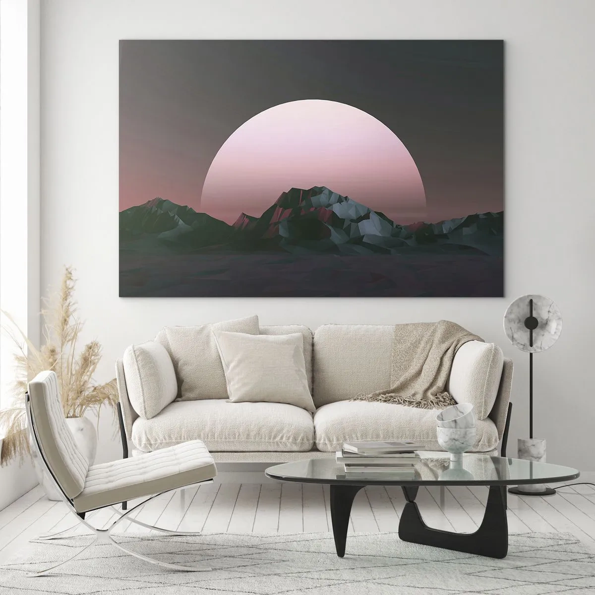 Obraz na szkle - Abstrakcyjny krajobraz z geometrycznymi górami i różowym słońcem - 70x50cm - W sąsiedniej galaktyce - Nowoczesna dekoracja ścienna do salonu i sypialni ARTTOR