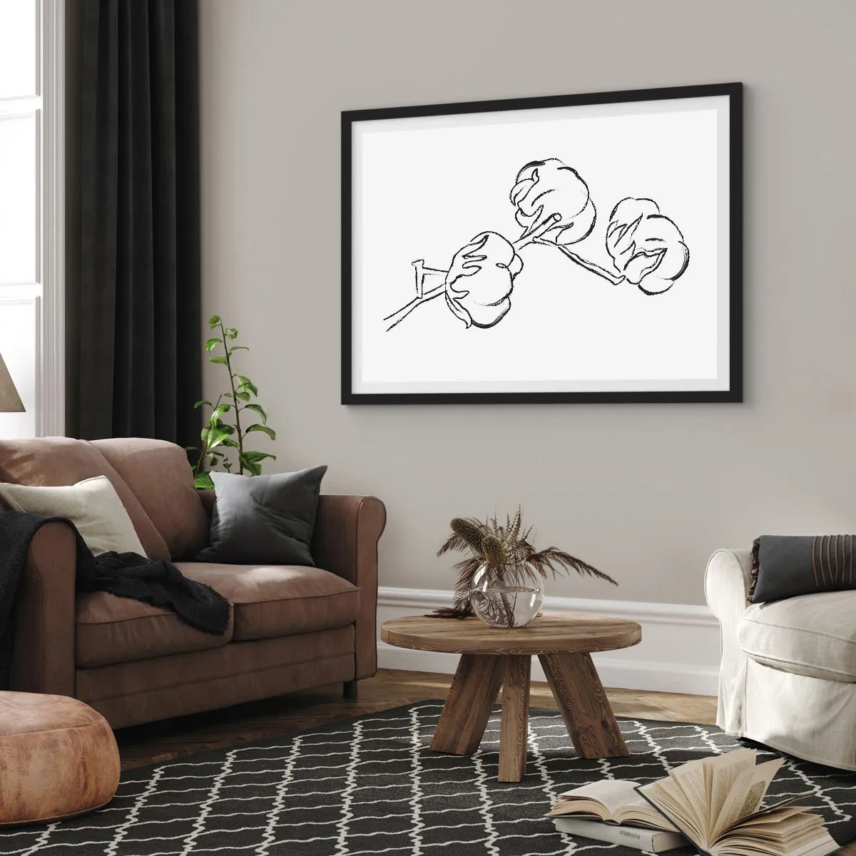 Plakat w czarnej ramie - Delikatny kontur gałązki bawełny na białym tle - 70x50cm - Bawełniany puch - Nowoczesna dekoracja ścienna do salonu i sypialni ARTTOR