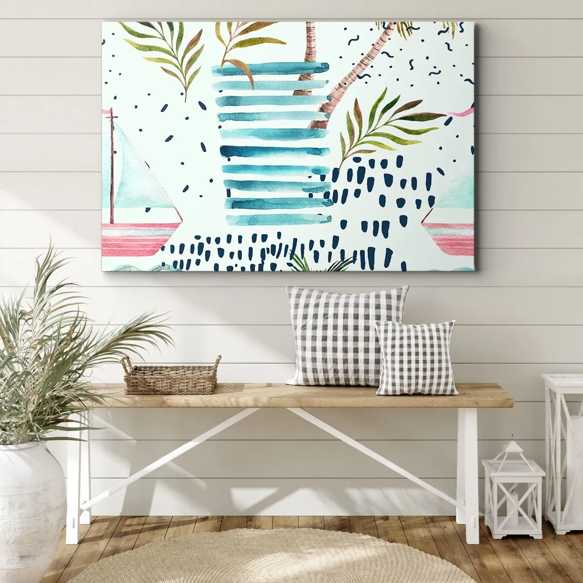 Obraz na płótnie - Abstrakcyjny wzór z palmami i akcentami marynistycznymi - 70x50cm - Wakacje pod palmami - Nowoczesna dekoracja ścienna do salonu i sypialni ARTTOR