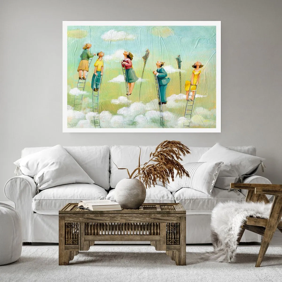 Plakat - Postacie wspinające się po drabinach wśród chmur na pastelowym tle - 100x70cm - Za swoim marzeniem - Nowoczesna dekoracja ścienna do salonu i sypialni ARTTOR