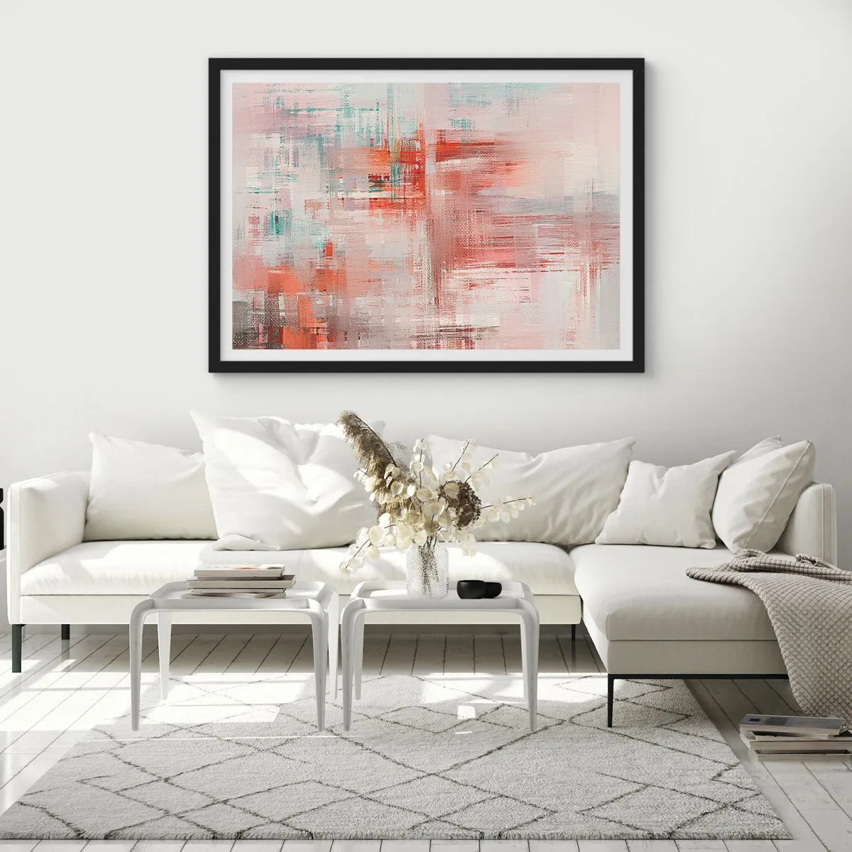 Plakat w czarnej ramie - Abstrakcyjna kompozycja z odcieniami czerwieni i pastelowych barw - 70x50cm - Zamglone. Ale różowe - Nowoczesna dekoracja ścienna do salonu i sypialni ARTTOR