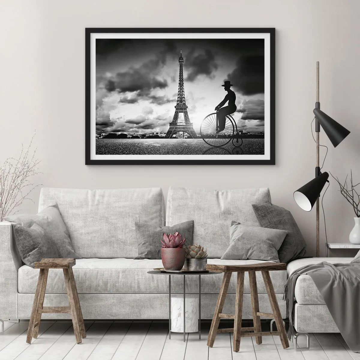 Plakat w czarnej ramie - Czarno-biały obraz z rowerem retro i wieżą Eiffla w tle - 100x70cm - Tęsknota do Belle Epoque - Nowoczesna dekoracja ścienna do salonu i sypialni ARTTOR