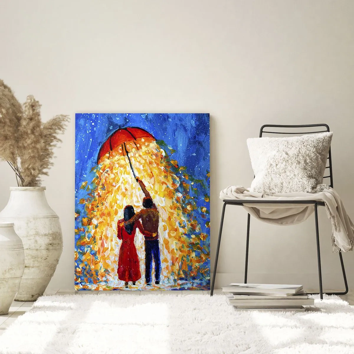 Obraz na szkle - Para pod parasolem otoczona złotym światłem na tle nocy - 50x70cm - Magia deszczowego wieczoru? - Nowoczesna dekoracja ścienna do salonu, kuchni i sypialni ARTTOR