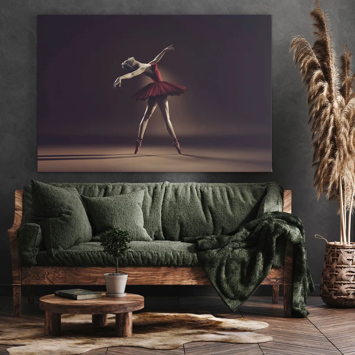 Obraz na płótnie - Tancerka baletowa w czerwonej sukni na tle sceny - 70x50cm - Prima ballerina - Nowoczesna dekoracja ścienna do salonu i sypialni ARTTOR