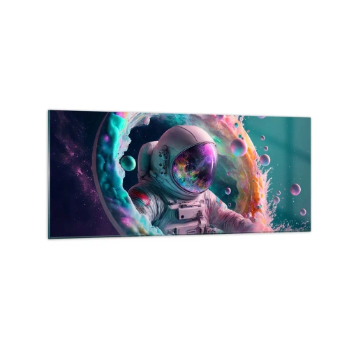 Obraz na szkle - Astronauta w kolorowej kosmicznej aurze - 120x50cm - Gwiezdne wrota - Nowoczesna dekoracja ścienna do salonu i sypialni ARTTOR