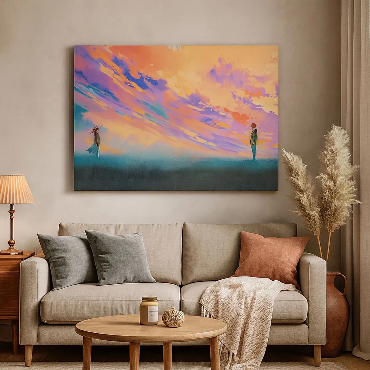 Obraz na płótnie - Dynamiczna scena z postaciami na tle kolorowego nieba o zachodzie słońca - 70x50cm - Siła przyciągania - Nowoczesna dekoracja ścienna do salonu i sypialni ARTTOR