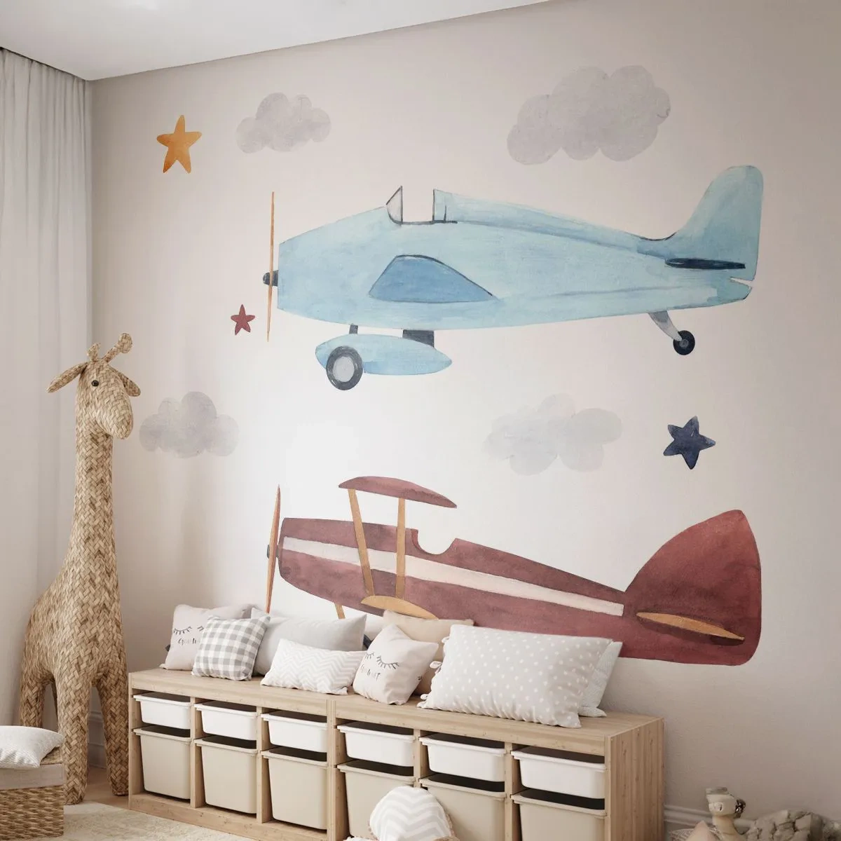 Fototapeta Premium Canvas - Ręcznie malowane samoloty na tle chmur i gwiazd - 100x70cm - Panie pilocie, czekamy! - Nowoczesna dekoracja ścienna do salonu i sypialni ARTTOR