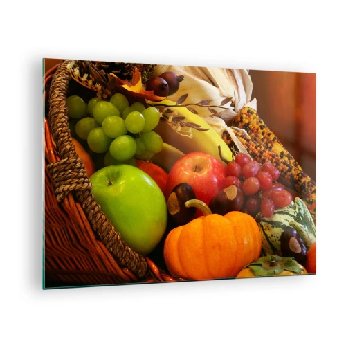 Obraz na szkle - Koszyk pełen owoców i warzyw w jesiennej aranżacji - 70x50cm - Koszyk urodzaju - Nowoczesna dekoracja ścienna do salonu i sypialni ARTTOR