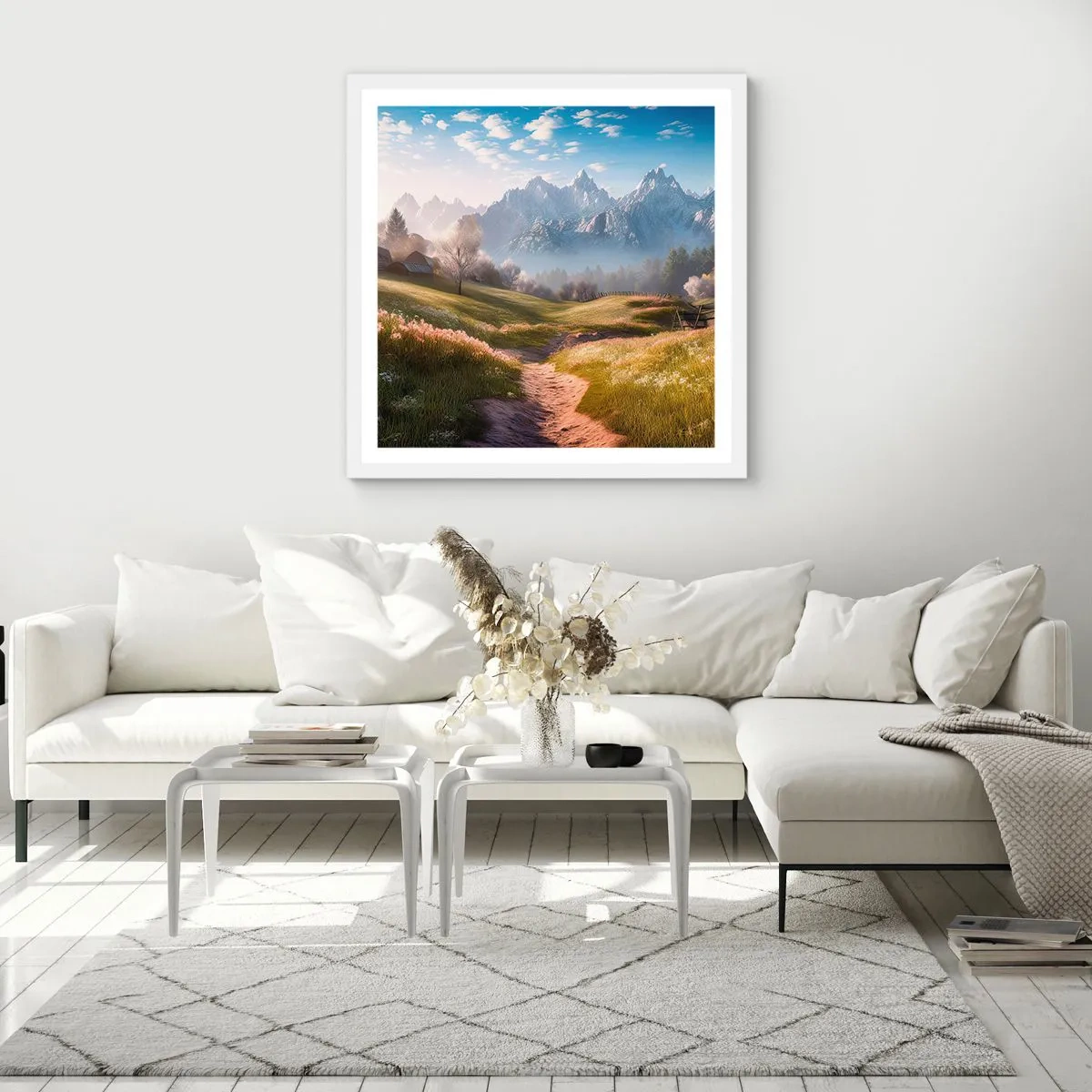 Plakat w białej ramie - Sielska dolina - 50x50 cm