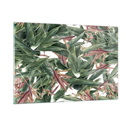Obraz na szkle - Liście w zielonych i bordowych odcieniach na jasnym tle - 120x80cm - Szmaragdowo-liliowy gąszcz - Nowoczesna dekoracja ścienna do salonu, kuchni i sypialni ARTTOR