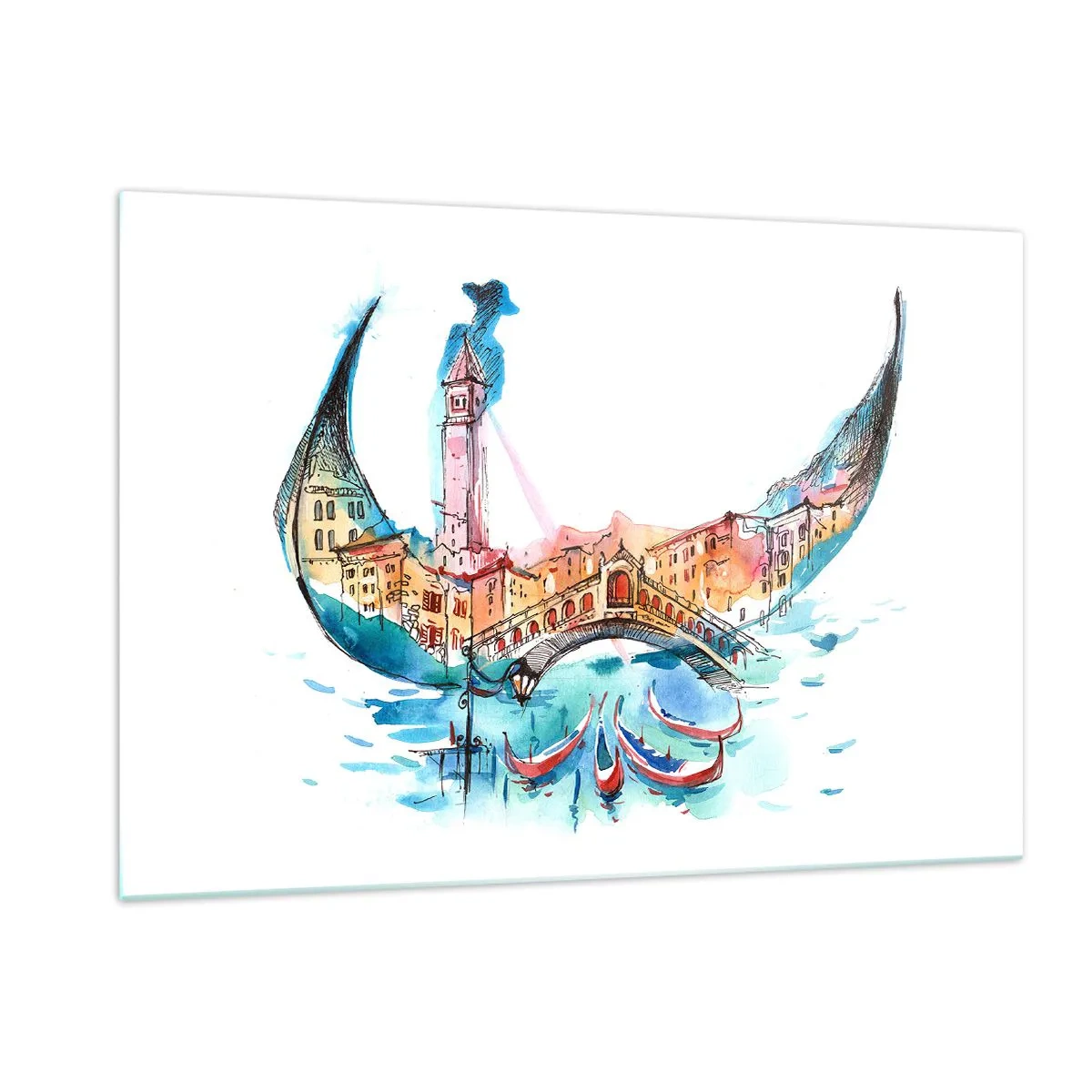 Obraz na szkle - Akwarelowa panorama Wenecji w formie maski - 120x80cm - Płyniemy przez miasto - Nowoczesna dekoracja ścienna do salonu, kuchni i sypialni ARTTOR