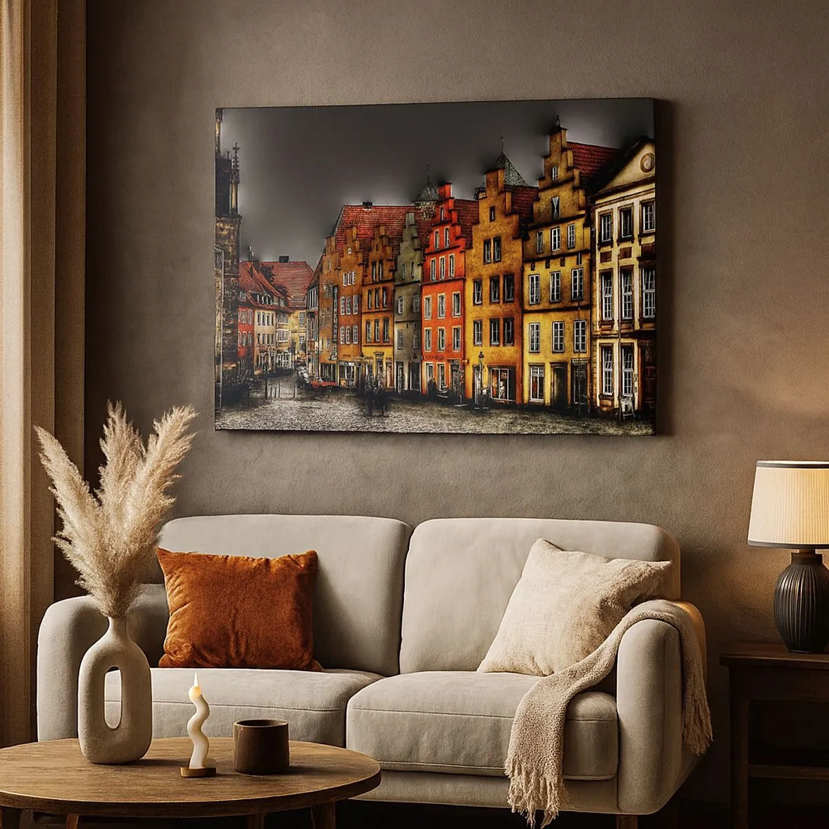 Obraz na płótnie - Kolorowe kamienice przy brukowanej ulicy w zabytkowym mieście - 70x50cm - Brakuje tylko zaczarowanej dorożki - Nowoczesna dekoracja ścienna do salonu i sypialni ARTTOR