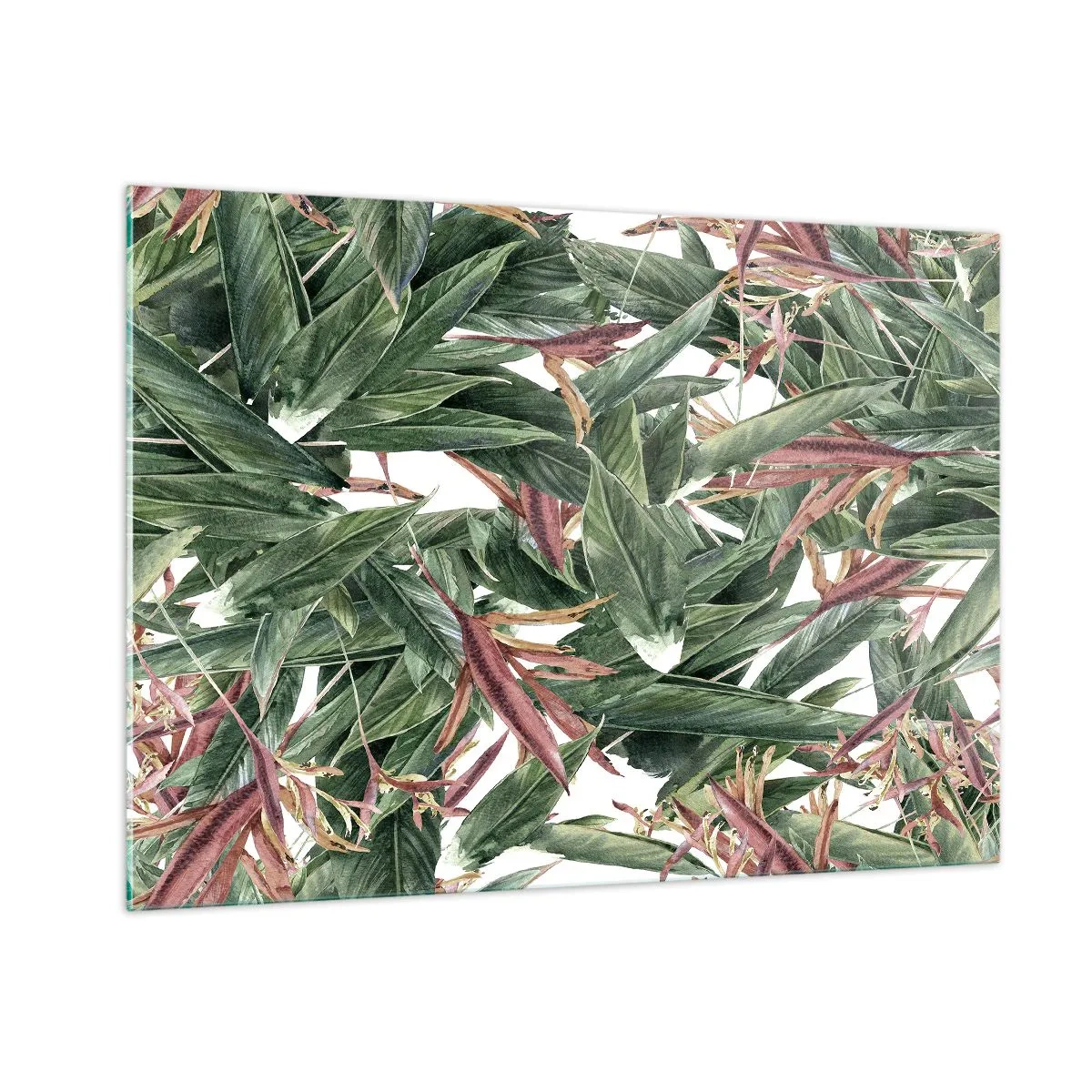 Obraz na szkle - Liście w zielonych i bordowych odcieniach na jasnym tle - 100x70cm - Szmaragdowo-liliowy gąszcz - Nowoczesna dekoracja ścienna do salonu, kuchni i sypialni ARTTOR
