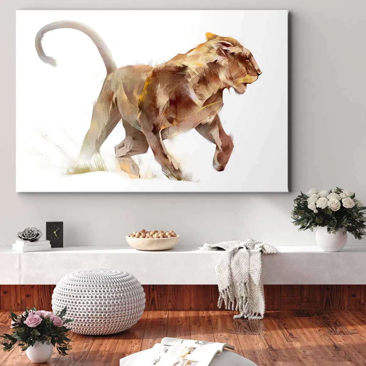 Obraz na płótnie - Biegnąca lwica w artystycznej interpretacji - 70x50cm - Dzika gracja - Nowoczesna dekoracja ścienna do salonu i sypialni ARTTOR