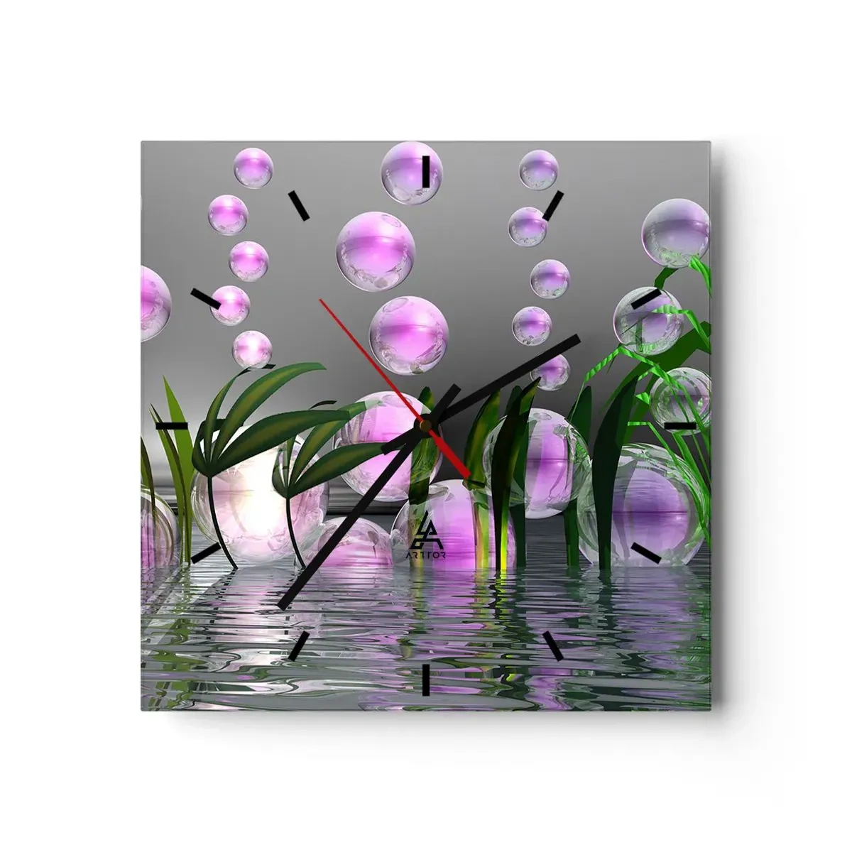Zegar ścienny - Zielone liście i różowe bańki nad wodą na tle szarym - 30x30cm - Refleksyjna kompozycja lekkości i życia - Nowoczesna dekoracja ścienna do salonu i sypialni ARTTOR