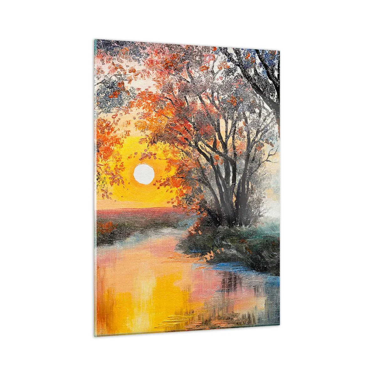 Obraz na szkle - Zachód słońca nad rzeką wśród drzew - 50x70cm - Jesienne klimaty - Nowoczesna dekoracja ścienna do salonu, kuchni i sypialni ARTTOR