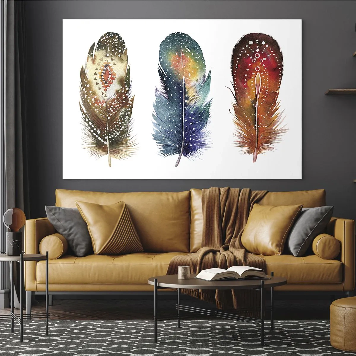 Obraz na szkle - Trzy kolorowe pióra z etnicznymi wzorami - 70x50cm - Rytuały, obrzędy, tajemnice - Nowoczesna dekoracja ścienna do salonu i sypialni ARTTOR