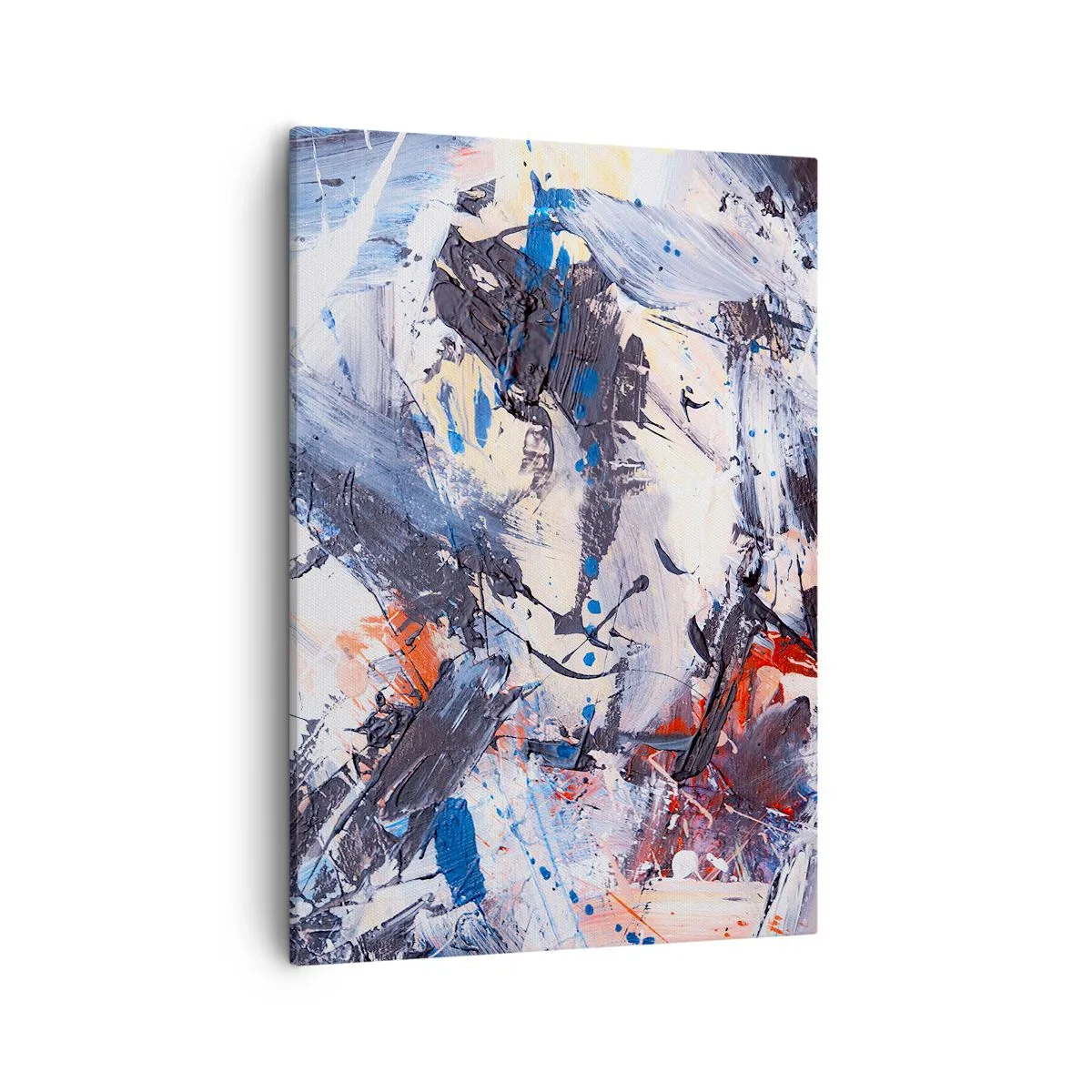 Obraz na płótnie - Abstrakcyjna kompozycja w odcieniach błękitu, szarości i pomarańczu - 50x70cm - Szalony taniec abstrakcji - Nowoczesna dekoracja ścienna do salonu, kuchni i sypialni ARTTOR