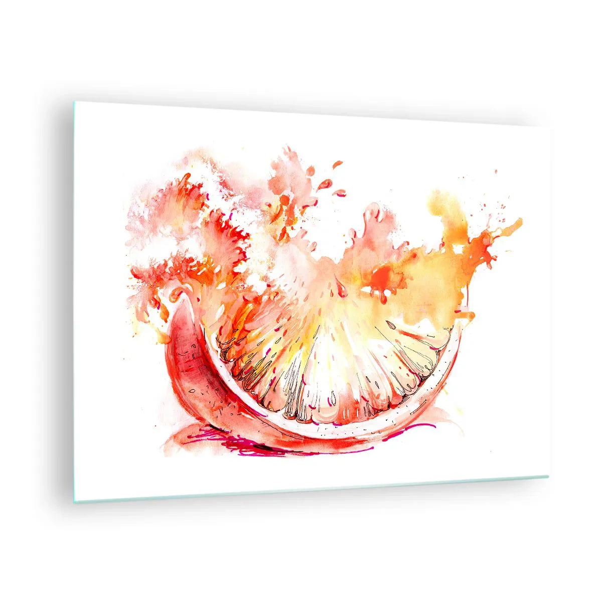 Obraz na szkle - Akwarela soczystej cząstki grejpfruta w ruchu - 70x50cm - Soczyste orzeźwienie - Nowoczesna dekoracja ścienna do salonu i sypialni ARTTOR