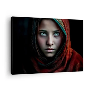 Obraz na płótnie - Portret kobiety z intensywnym spojrzeniem w ciepłych barwach - 70x50cm - Wschodnia księżniczka - Nowoczesna dekoracja ścienna do salonu i sypialni ARTTOR