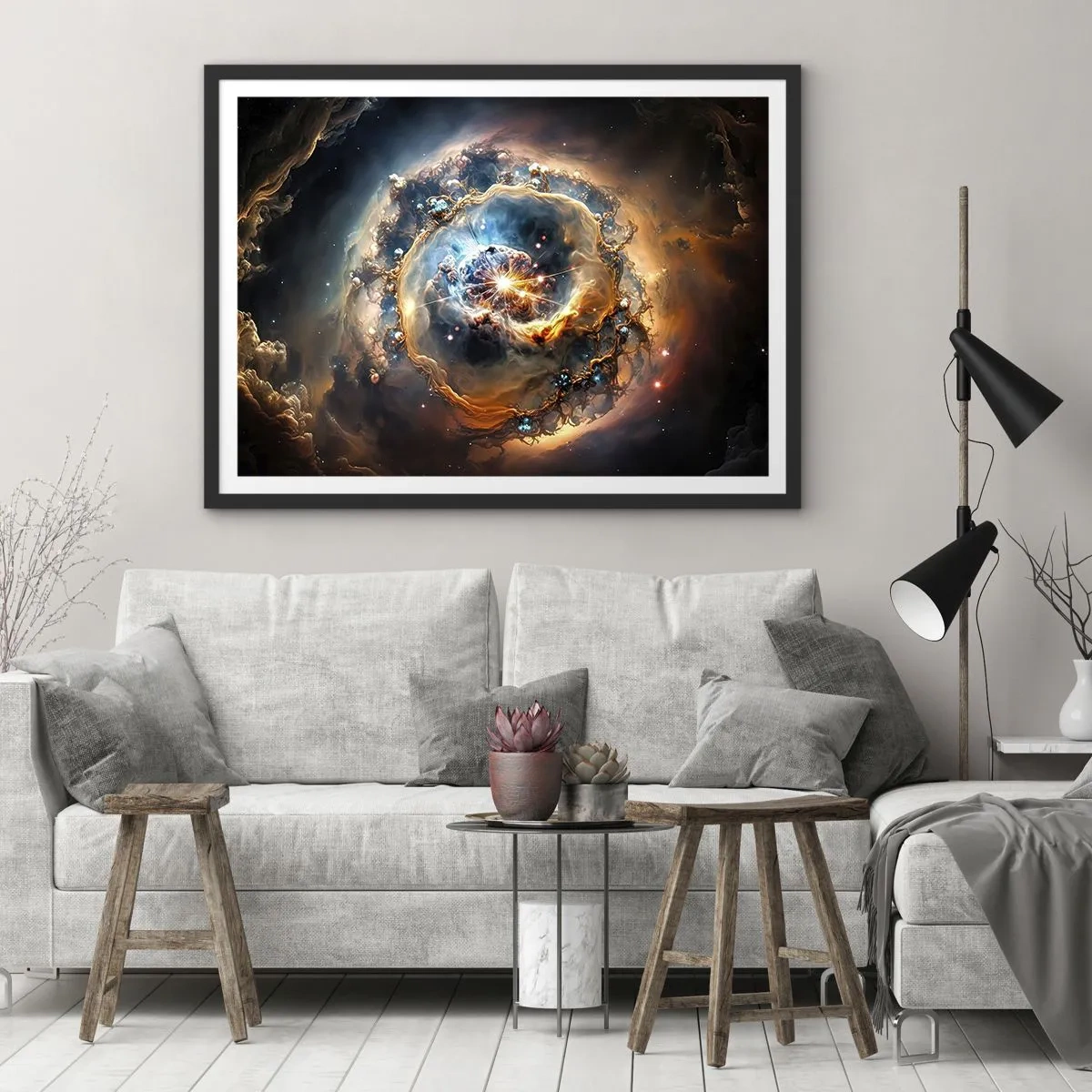 Plakat w czarnej ramie - Abstrakcyjna wizja kosmicznej eksplozji w odcieniach złota i błękitu - 70x50cm - Początek - Nowoczesna dekoracja ścienna do salonu i sypialni ARTTOR