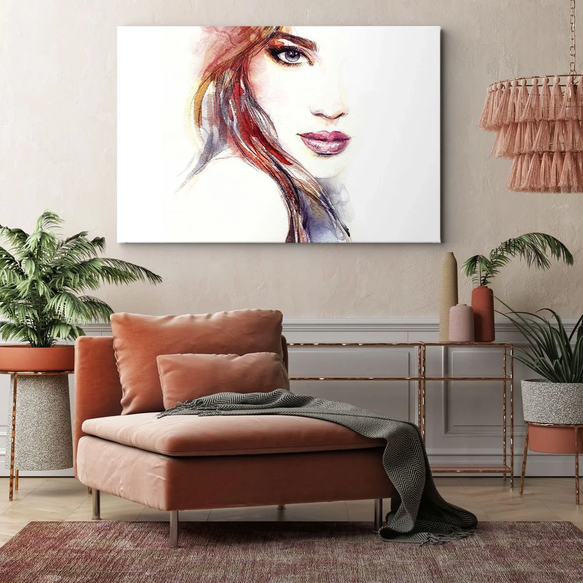 Obraz na płótnie - Subtelna akwarela kobiecej twarzy z wyrazistym spojrzeniem - 120x80cm - Vademecum - idź za mną - Nowoczesna dekoracja ścienna do salonu, kuchni i sypialni ARTTOR