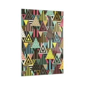 Obraz na szkle - Abstrakcyjna kompozycja z trójkątami w intensywnych kolorach - 50x70cm - W rytmie na trzy - Nowoczesna dekoracja ścienna do salonu, kuchni i sypialni ARTTOR
