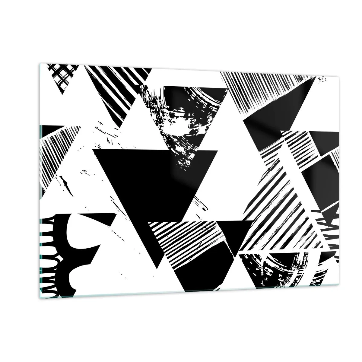 Obraz na szkle - Czarno-białe geometryczne wzory z motywem trójkątów - 120x80cm - Deszcz trójkątów - Nowoczesna dekoracja ścienna do salonu, kuchni i sypialni ARTTOR