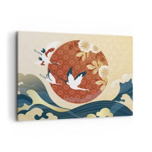 Obraz na płótnie - Japońska kompozycja z żurawiami i falami - 100x70cm - Japońska baśń - Nowoczesna dekoracja ścienna do salonu, kuchni i sypialni ARTTOR