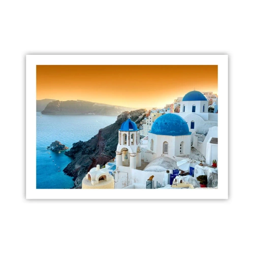 Plakat - Santorini - przytulone do skał - 70x50 cm