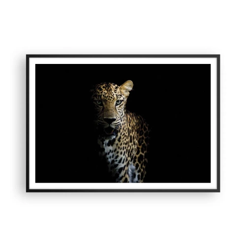 Plakat w czarnej ramie - Leopard na ciemnym tle z intensywnym spojrzeniem - 100x70cm - Mroczne piękno - Nowoczesna dekoracja ścienna do salonu i sypialni ARTTOR