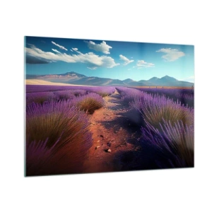 Obraz na szkle - Lawendowe pola o zachodzie słońca z widokiem na góry - 100x70cm - Pachnące pola - Nowoczesna dekoracja ścienna do salonu, kuchni i sypialni ARTTOR