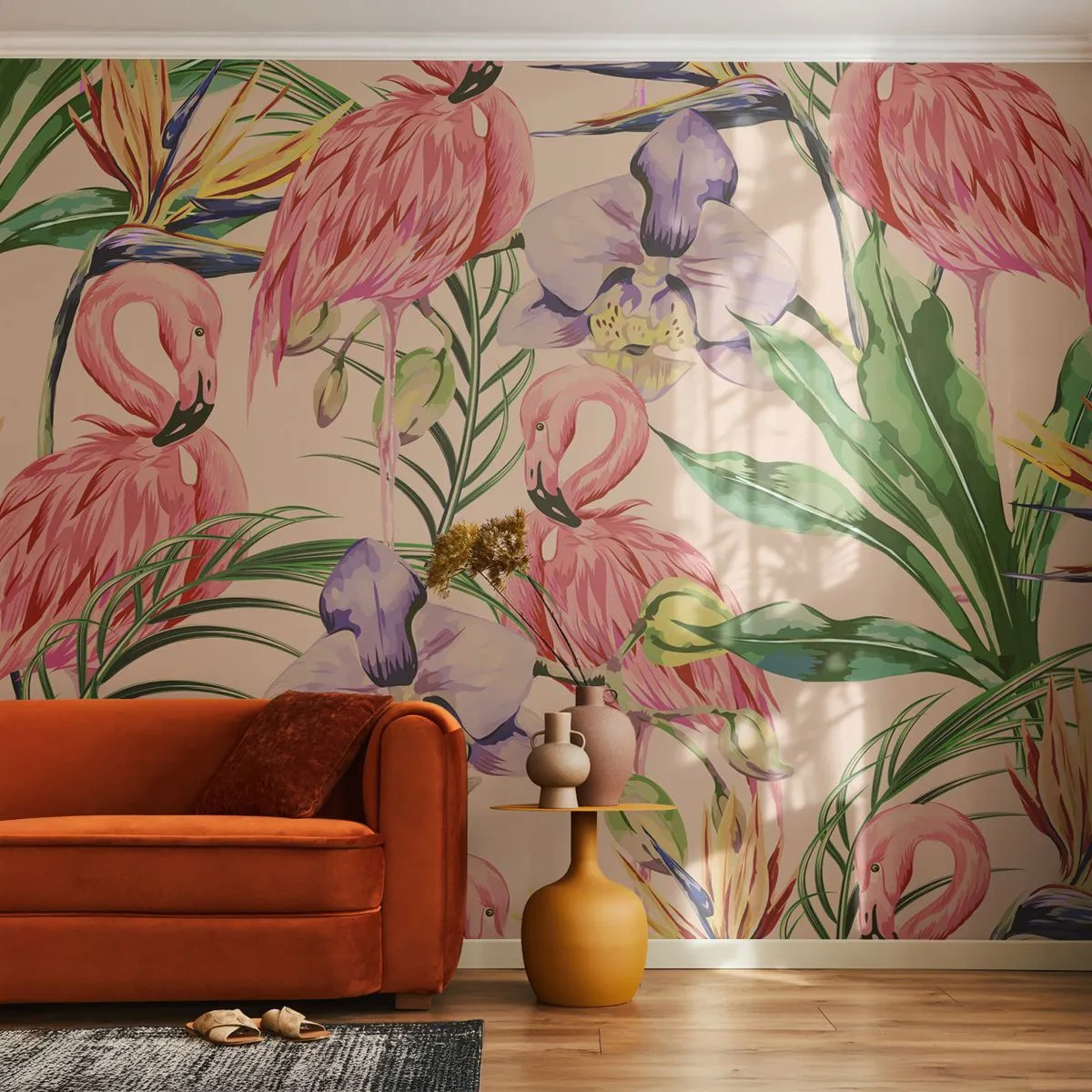 Fototapeta Premium Canvas - Różowy balet w kwiatach - Ptak, Flaming, Dżungla - 250x175 cm