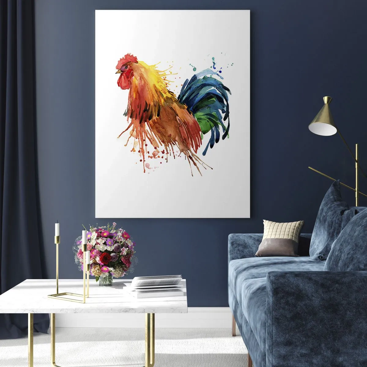 Obraz na szkle - Akwarelowy kogut w żywych kolorach na białym tle - 50x70cm - Królewska szata, królewska duma - Nowoczesna dekoracja ścienna do salonu, kuchni i sypialni ARTTOR