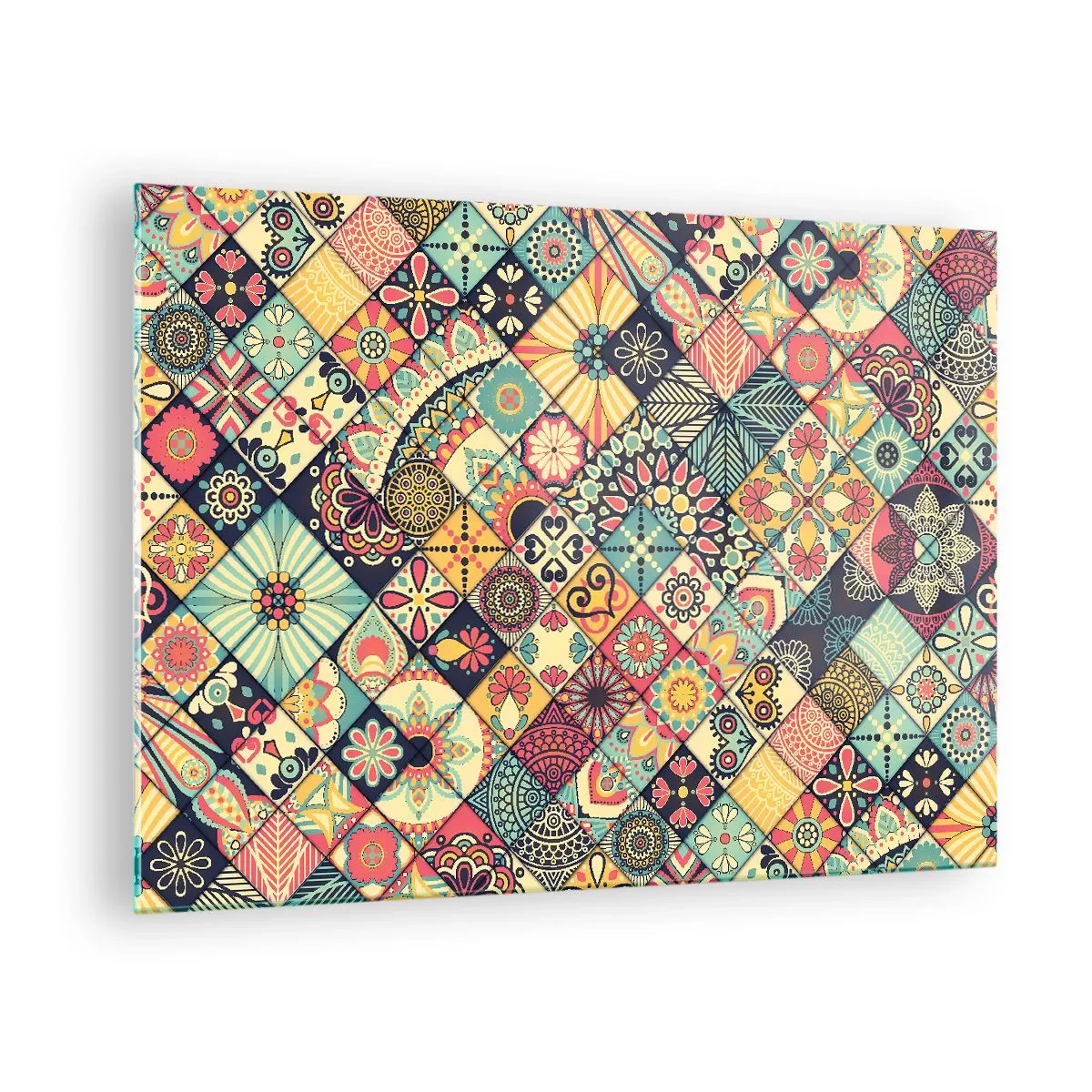 Obraz na szkle - Kolorowy wzór inspirowany marokańskimi płytkami z geometrycznymi motywami - 70x50cm - Marokańskie klimaty - Nowoczesna dekoracja ścienna do salonu i sypialni ARTTOR