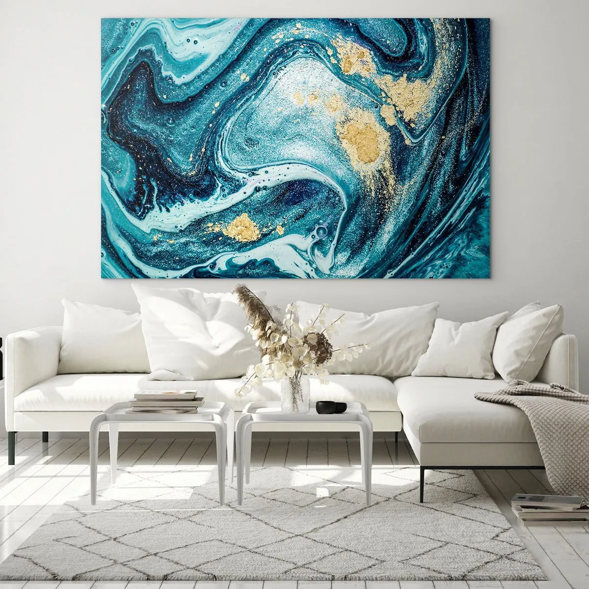 Obraz na szkle - Abstrakcyjne wiry w odcieniach turkusu i złota - 70x50cm - Błekitny wir - Nowoczesna dekoracja ścienna do salonu i sypialni ARTTOR