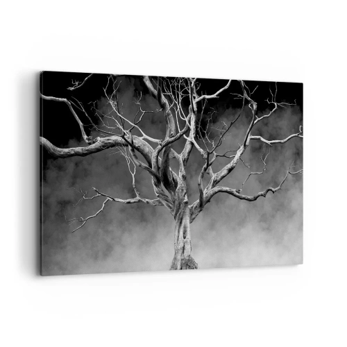 Obraz na płótnie - Suche drzewo w czerni i bieli na tle mgły - 100x70cm - Pierwotne i święte - Nowoczesna dekoracja ścienna do salonu, kuchni i sypialni ARTTOR
