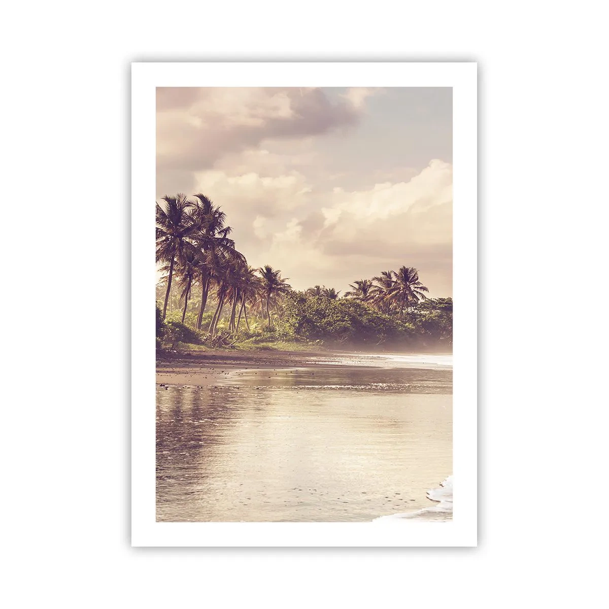 Plakat - Tropikalna plaża o zachodzie słońca z palmami - 50x70cm - Pieszczota fal - Nowoczesna dekoracja ścienna do salonu, kuchni i sypialni ARTTOR