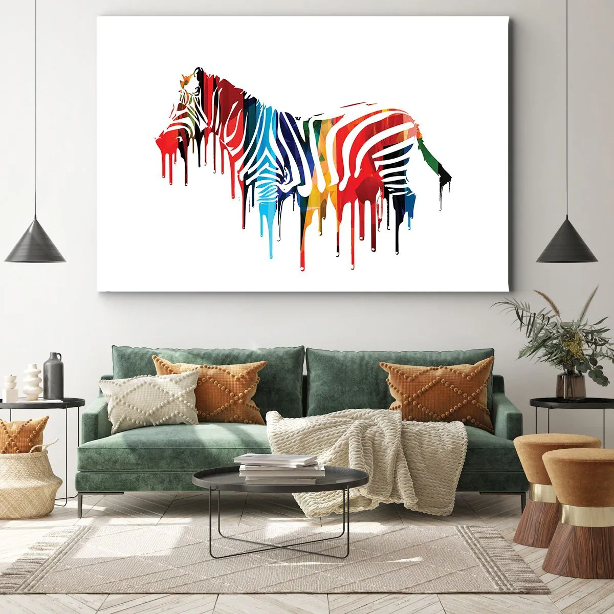 Obraz na płótnie - Abstrakcyjna zebra w kolorowych barwach z efektem farby - 70x50cm - Nie tylko czarno-biały - Nowoczesna dekoracja ścienna do salonu i sypialni ARTTOR