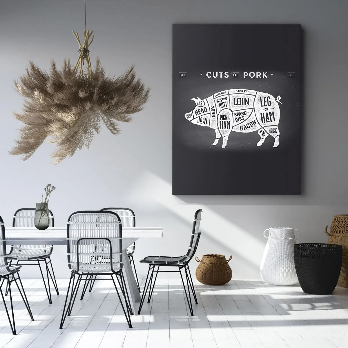 Obraz na płótnie - Diagram cięć wieprzowych na czarnym tle - 70x100cm - Elementarz masarza - Nowoczesna dekoracja ścienna do salonu i sypialni ARTTOR