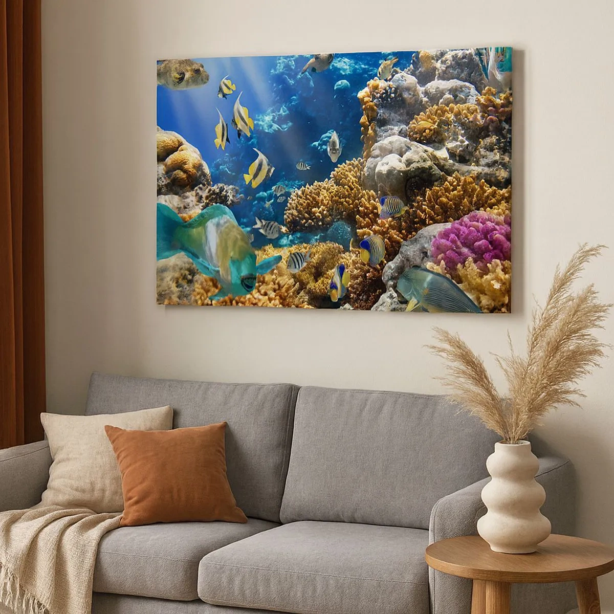 Obraz na płótnie - Kolorowa rafa koralowa z tropikalnymi rybami w głębinach oceanu - 70x50cm - Duży ruch na wakacyjnym szlaku - Nowoczesna dekoracja ścienna do salonu i sypialni ARTTOR