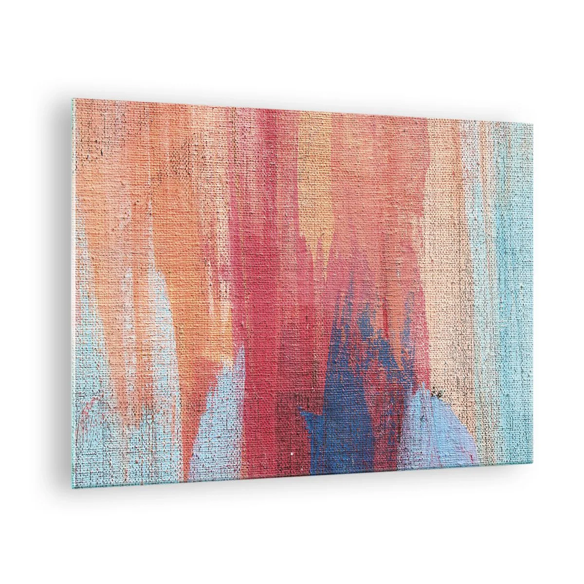 Obraz na szkle - Kolorowe smugi farby na płóciennej strukturze - 70x50cm - Spłynąć tęczą - Nowoczesna dekoracja ścienna do salonu i sypialni ARTTOR