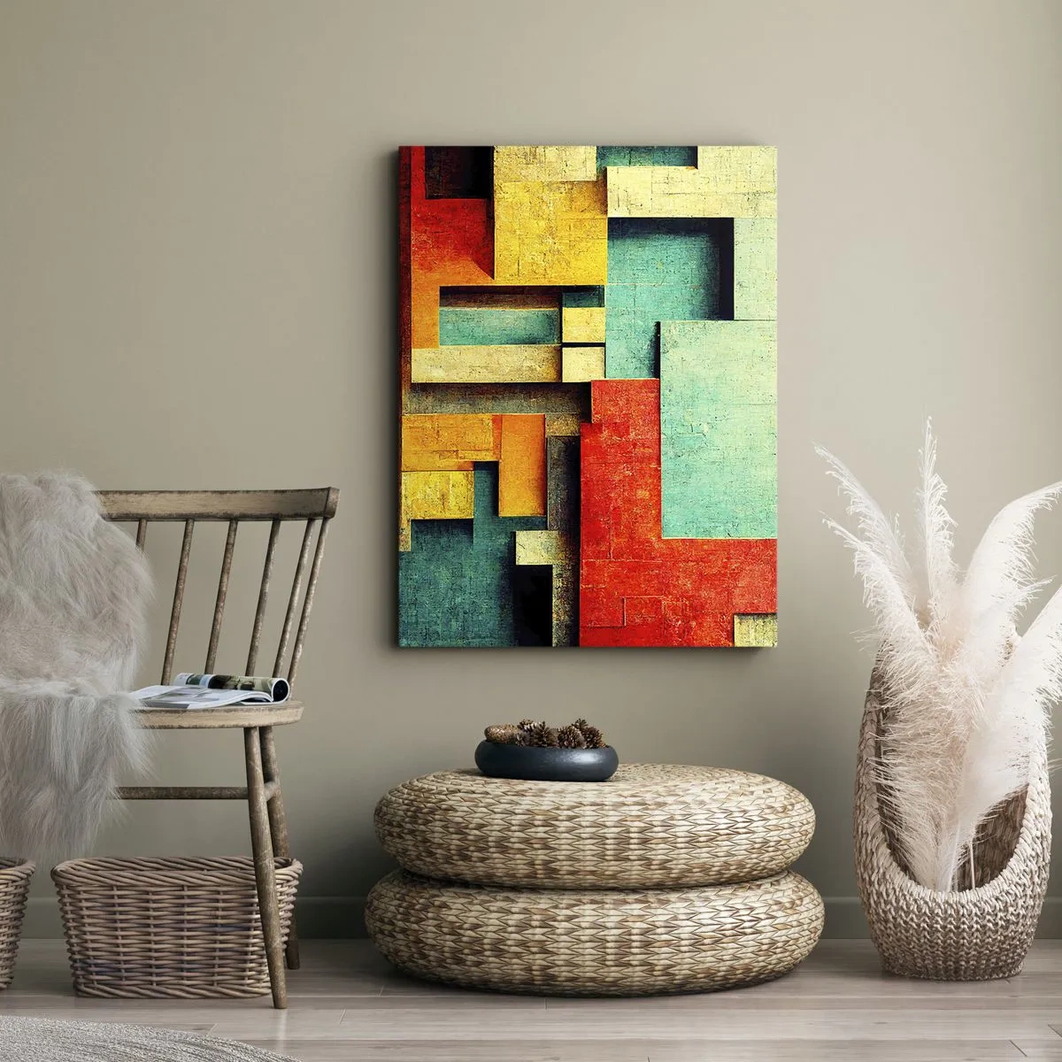 Obraz na płótnie - Geometryczna abstrakcja w intensywnych kolorach z efektem 3D - 50x70cm - Festiwal kątów prostych - Nowoczesna dekoracja ścienna do salonu, kuchni i sypialni ARTTOR